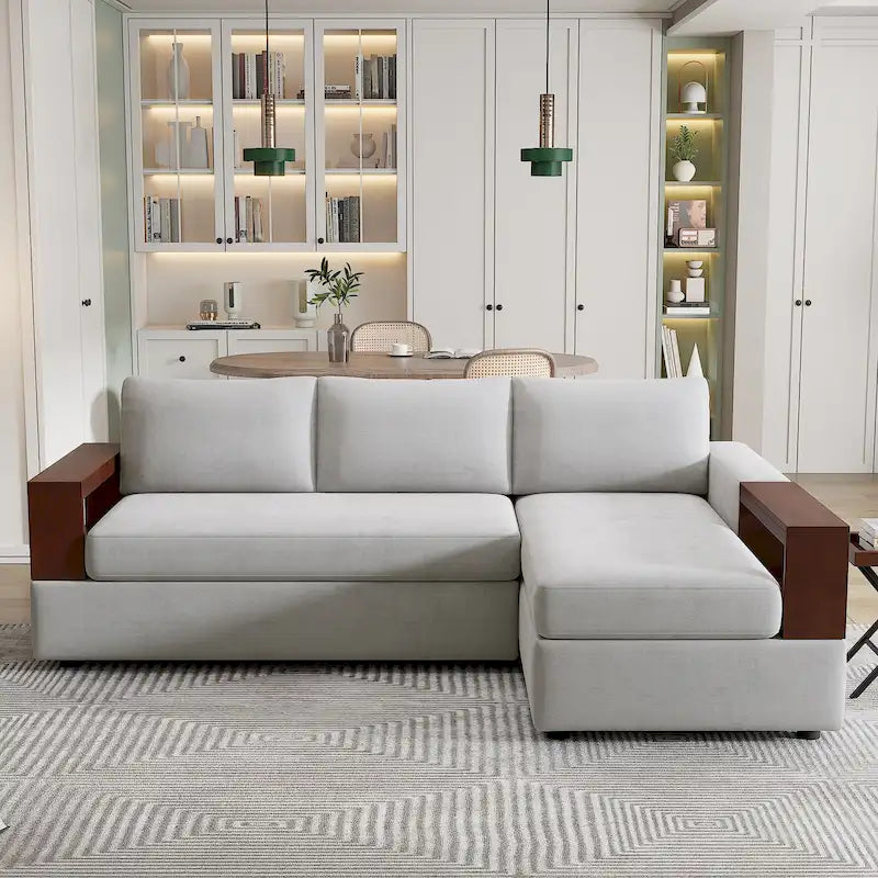Divano componibile a L da 222 cm con braccioli reversibili e chaise longue integrata