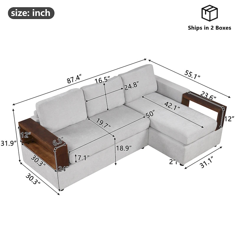 Divano componibile a L da 222 cm con braccioli reversibili e chaise longue integrata