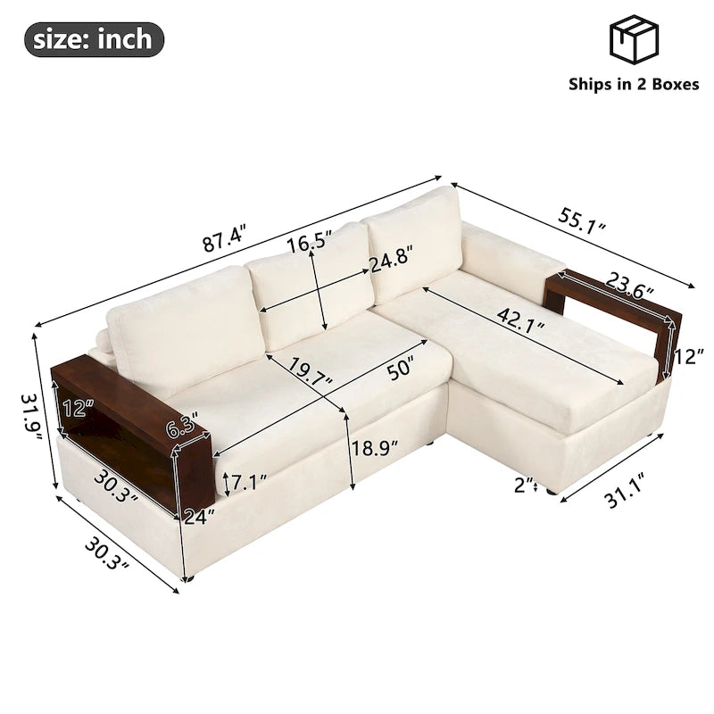 Divano componibile a L da 222 cm con braccioli reversibili e chaise longue integrata