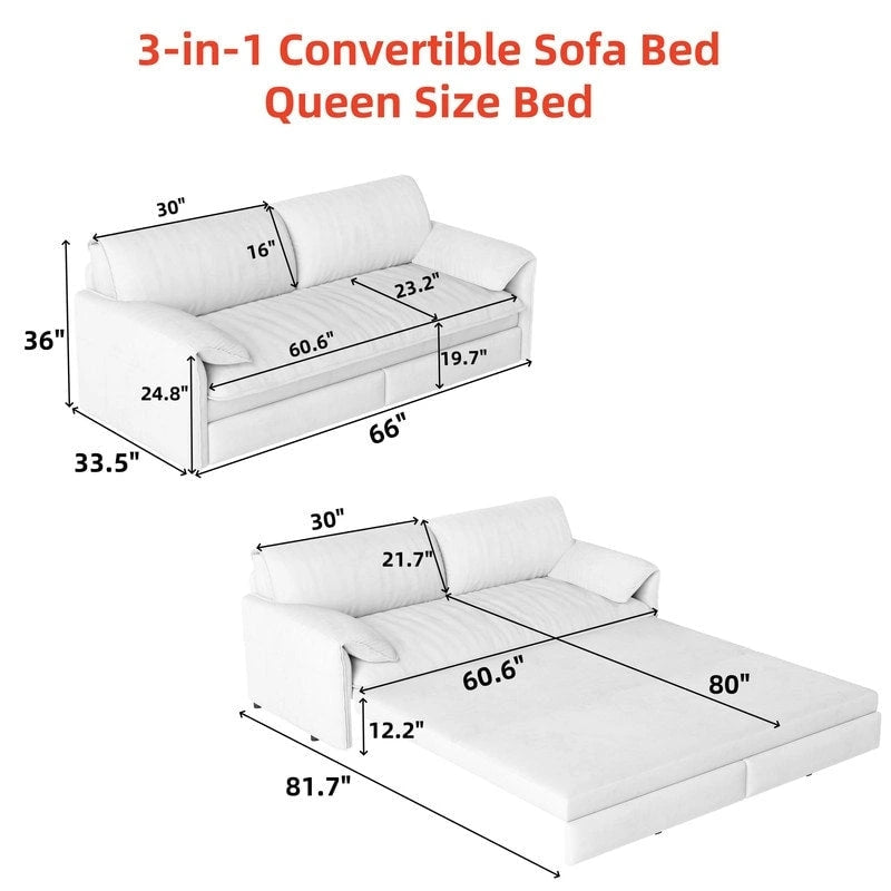 Divano Letto Queen Size estraibile da 66", convertibile 3 in 1 con vano portaoggetti laterale