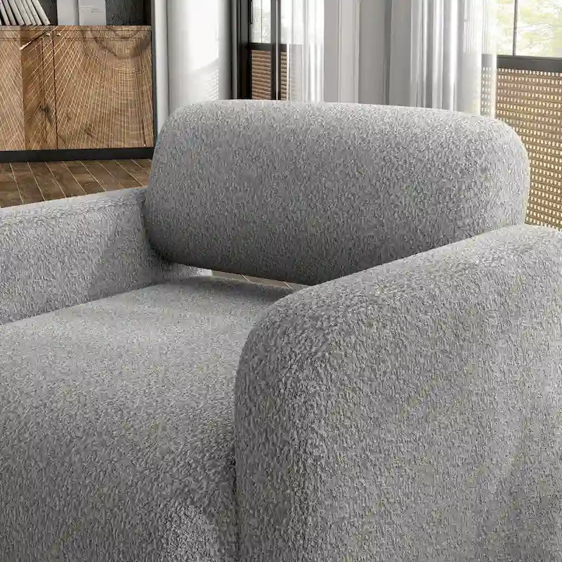 Poltrona moderna in tessuto bouclé con braccioli, poltrona singola imbottita