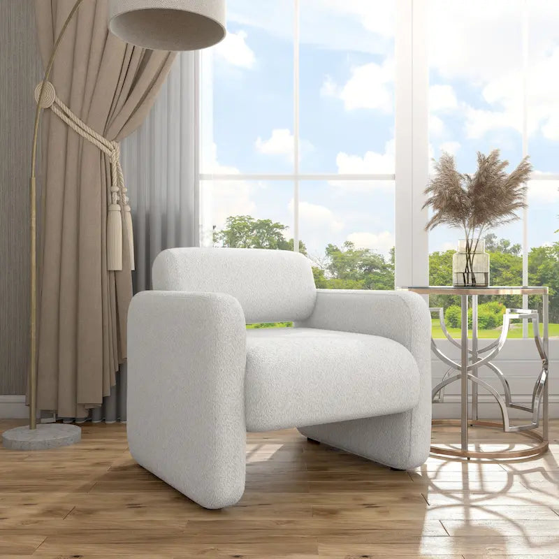 Poltrona moderna in tessuto bouclé con braccioli, poltrona singola imbottita