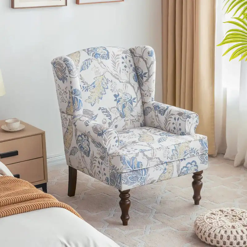 Poltrona d'Accento Rivestita in Poliestere con Gambe a Spirale in Legno e Cuscino ad Alta Resilienza