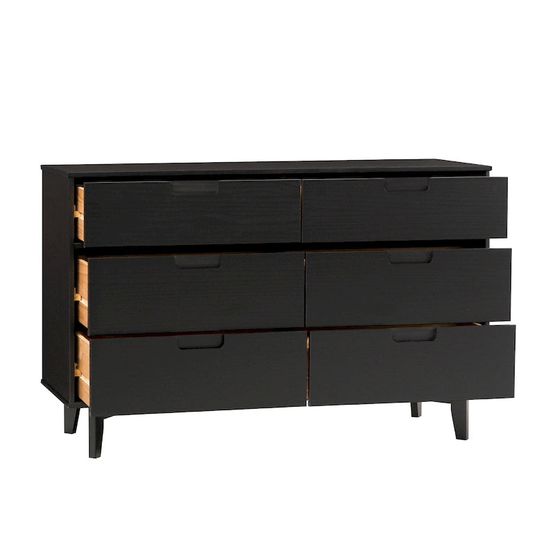 Cassettiera mid-century moderna in pino massiccio a 6 cassetti con maniglie a intaglio, 52"L