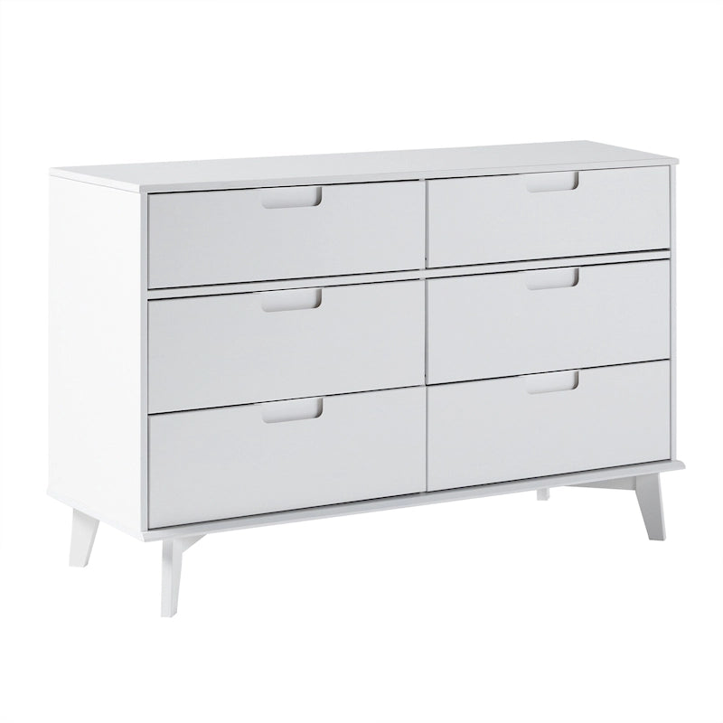 Cassettiera mid-century moderna in pino massiccio a 6 cassetti con maniglie a intaglio, 52"L