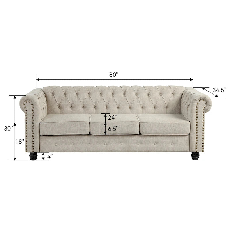 Divano Chesterfield in lino con bottoni, borchie e gambe in legno massello