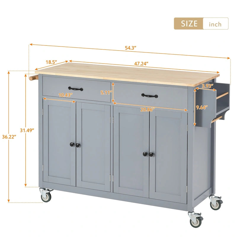 Carrello da cucina con ripiano in legno massiccio e ruote bloccabili