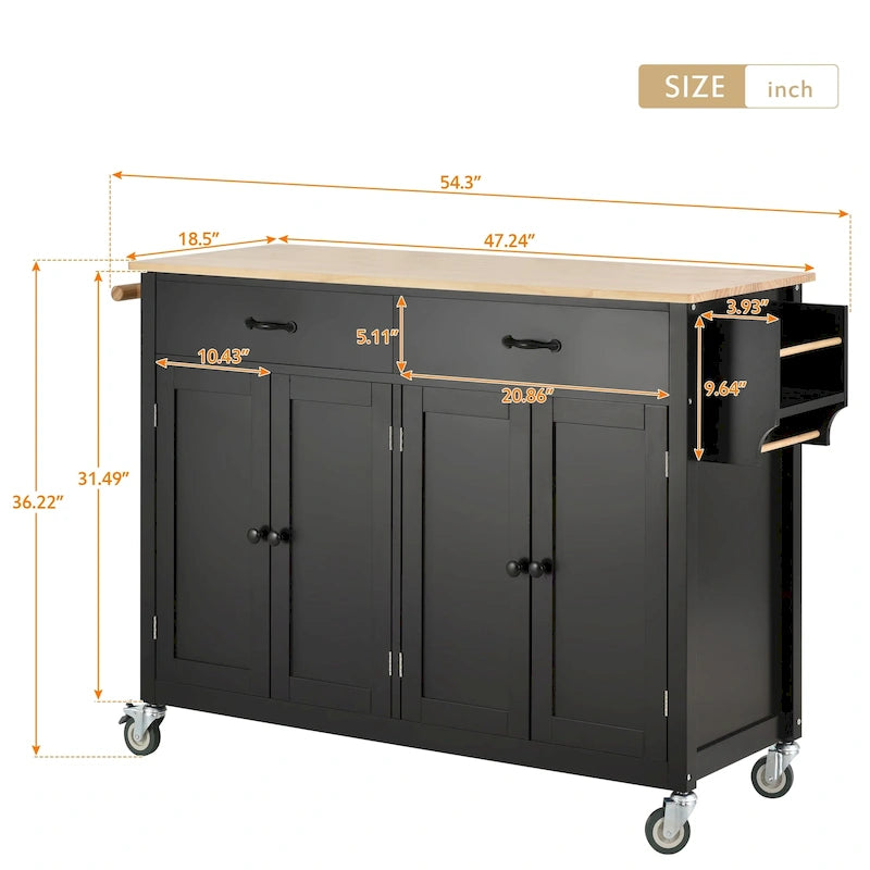 Carrello da cucina con ripiano in legno massiccio e ruote bloccabili