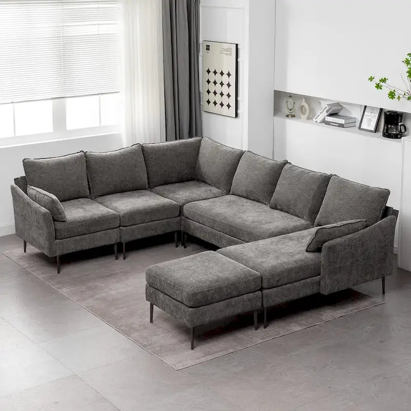 Divano componibile a U a 6 posti, reversibile, in ciniglia moderna, con chaise longue e pouf