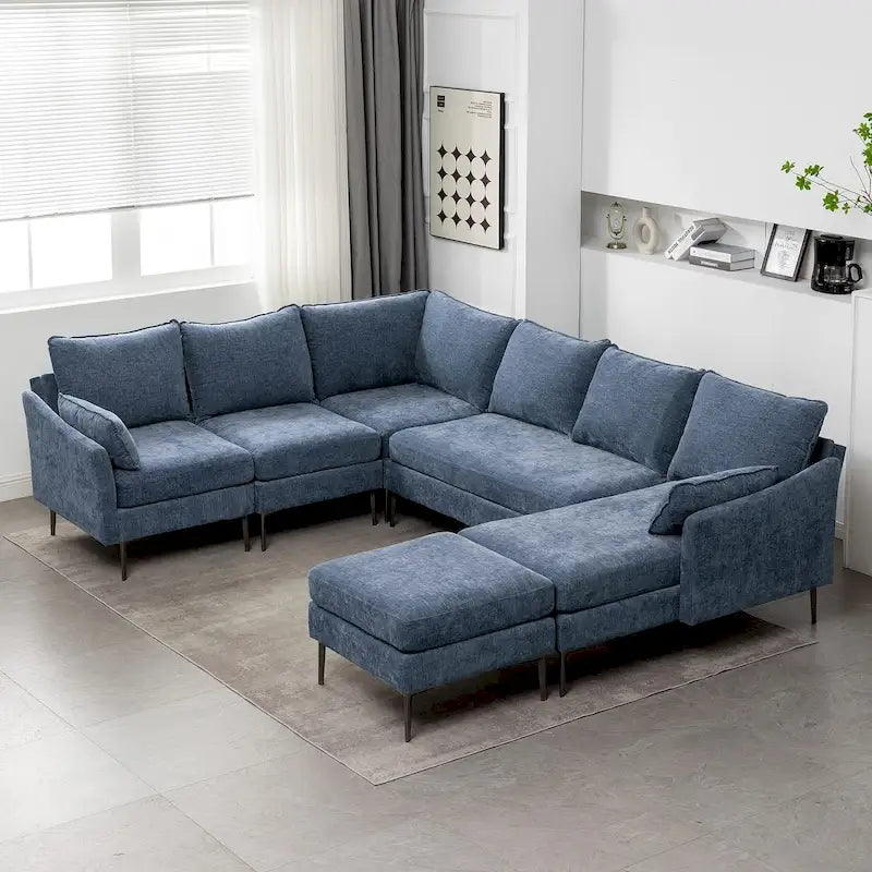 Divano componibile a U a 6 posti, reversibile, in ciniglia moderna, con chaise longue e pouf