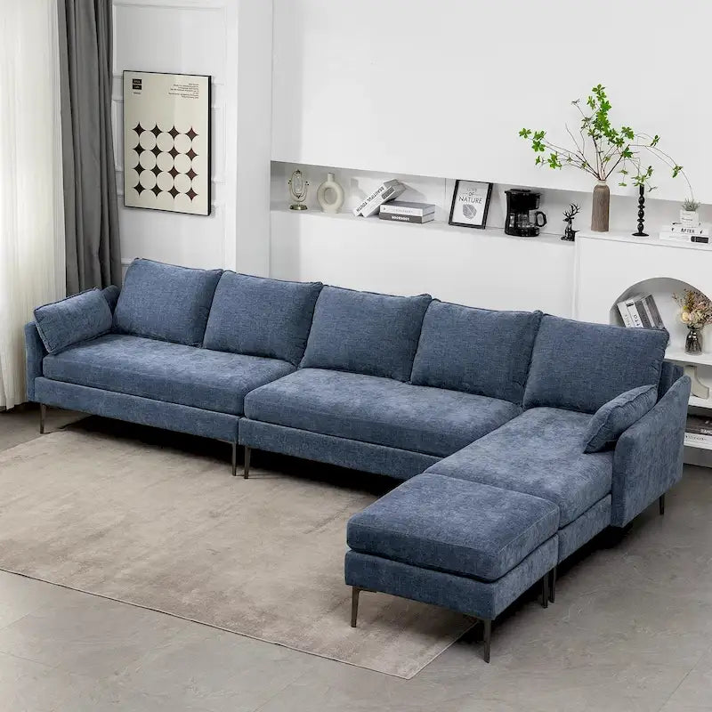 Divano componibile a U a 6 posti, reversibile, in ciniglia moderna, con chaise longue e pouf