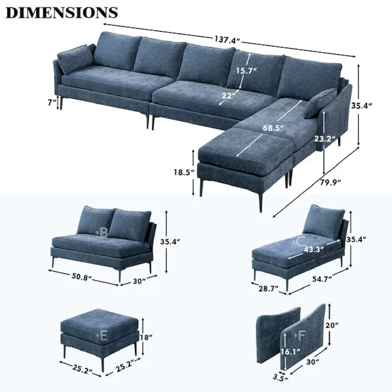 Divano componibile a U a 6 posti, reversibile, in ciniglia moderna, con chaise longue e pouf