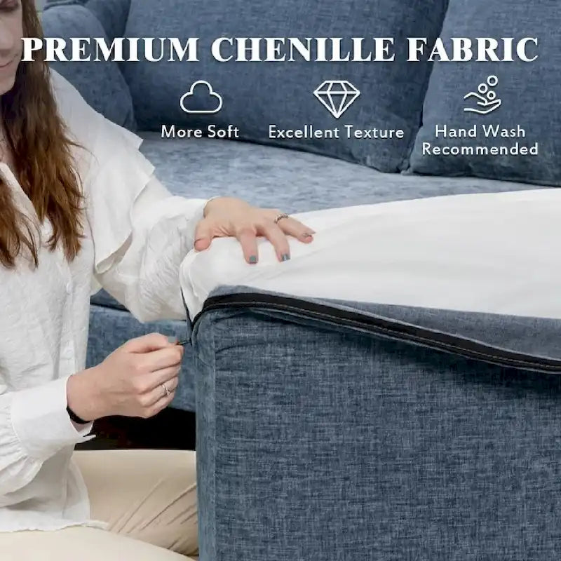 Divano componibile a U a 6 posti, reversibile, in ciniglia moderna, con chaise longue e pouf