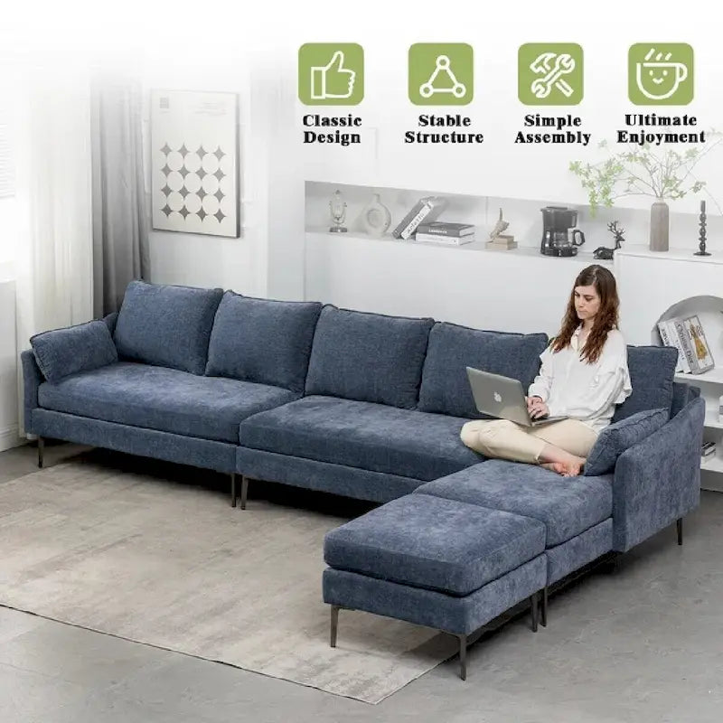 Divano componibile a U a 6 posti, reversibile, in ciniglia moderna, con chaise longue e pouf