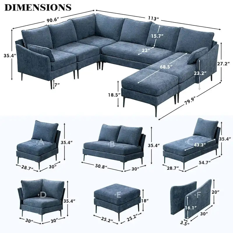 Divano componibile a U a 6 posti, reversibile, in ciniglia moderna, con chaise longue e pouf