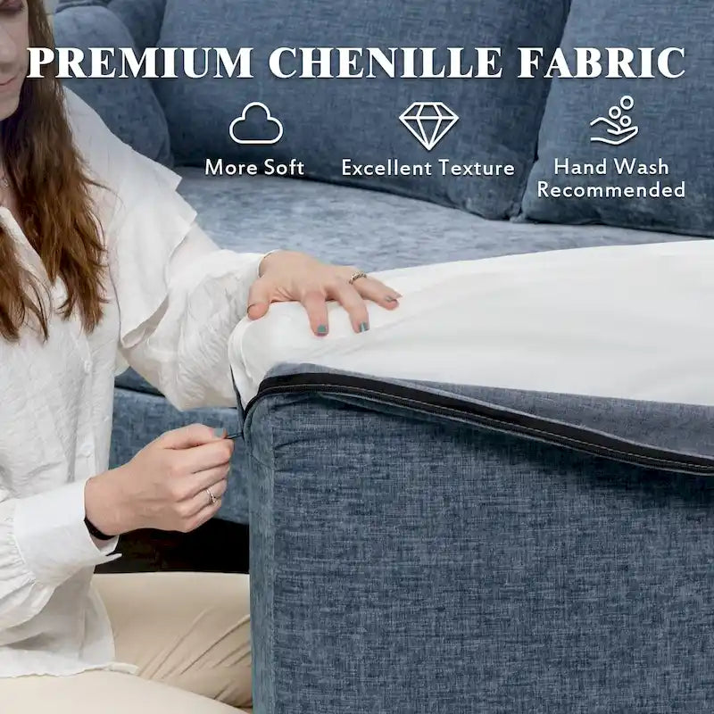Divano componibile a U a 6 posti, reversibile, in ciniglia moderna, con chaise longue e pouf