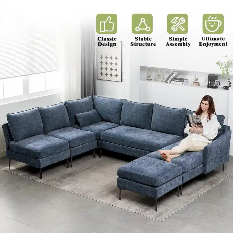 Divano componibile a U a 6 posti, reversibile, in ciniglia moderna, con chaise longue e pouf