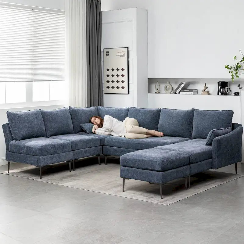 Divano componibile a U a 6 posti, reversibile, in ciniglia moderna, con chaise longue e pouf