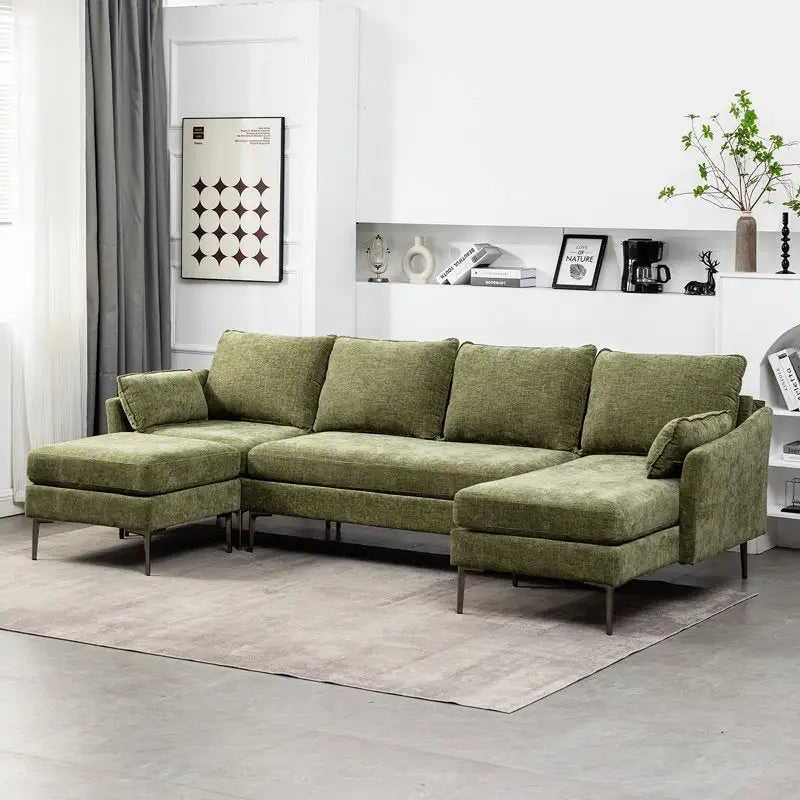 Divano componibile a U a 6 posti, reversibile, in ciniglia moderna, con chaise longue e pouf