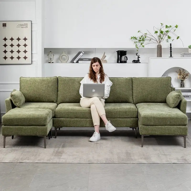 Divano componibile a U a 6 posti, reversibile, in ciniglia moderna, con chaise longue e pouf