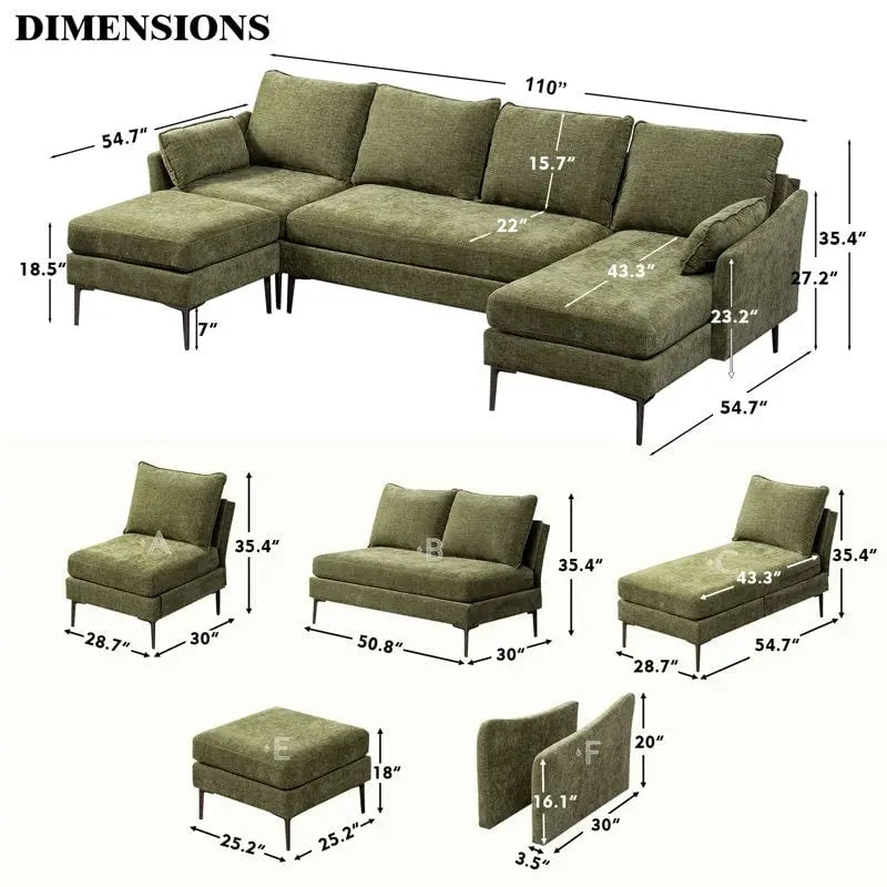 Divano componibile a U a 6 posti, reversibile, in ciniglia moderna, con chaise longue e pouf