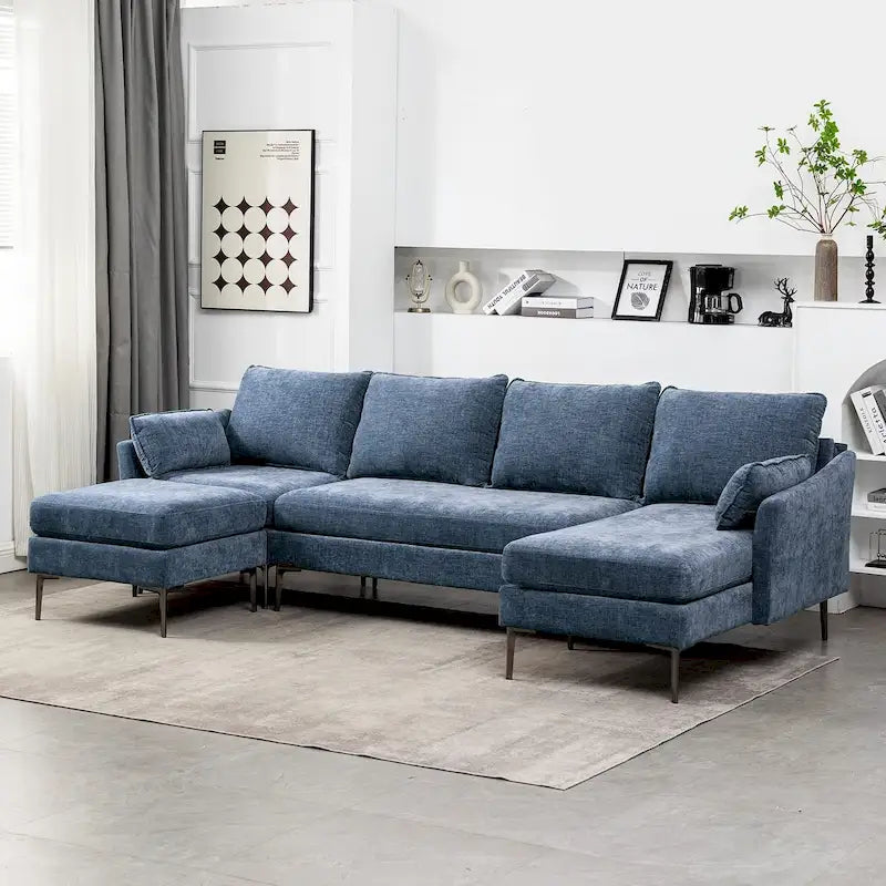 Divano componibile a U a 6 posti, reversibile, in ciniglia moderna, con chaise longue e pouf