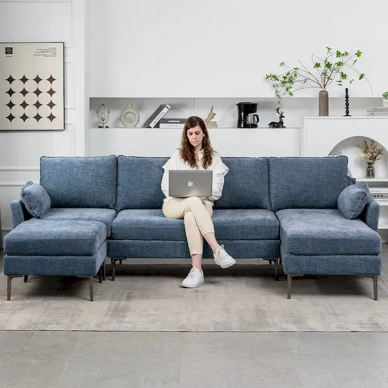 Divano componibile a U a 6 posti, reversibile, in ciniglia moderna, con chaise longue e pouf