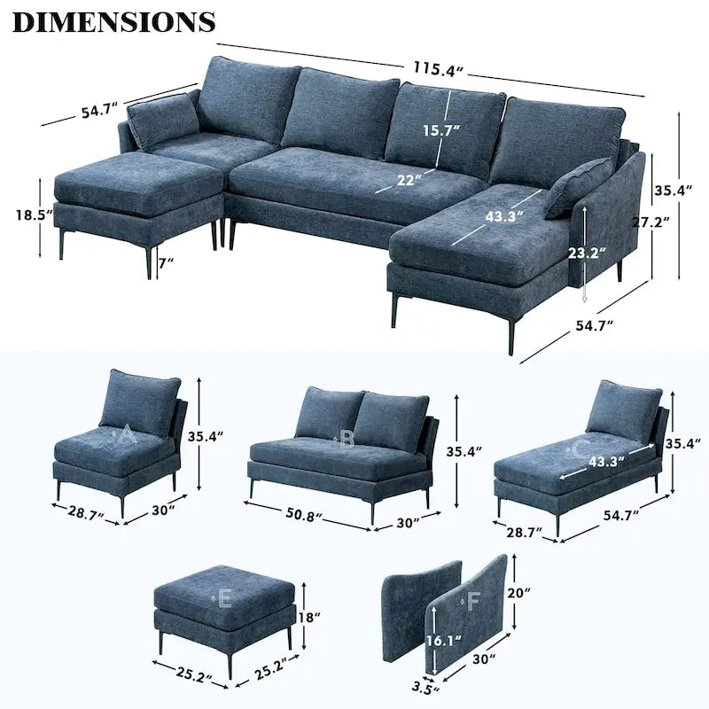 Divano componibile a U a 6 posti, reversibile, in ciniglia moderna, con chaise longue e pouf