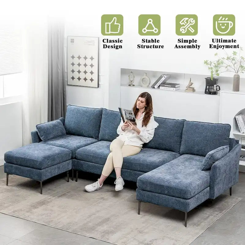 Divano componibile a U a 6 posti, reversibile, in ciniglia moderna, con chaise longue e pouf