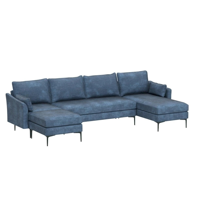 Divano componibile a U a 6 posti, reversibile, in ciniglia moderna, con chaise longue e pouf