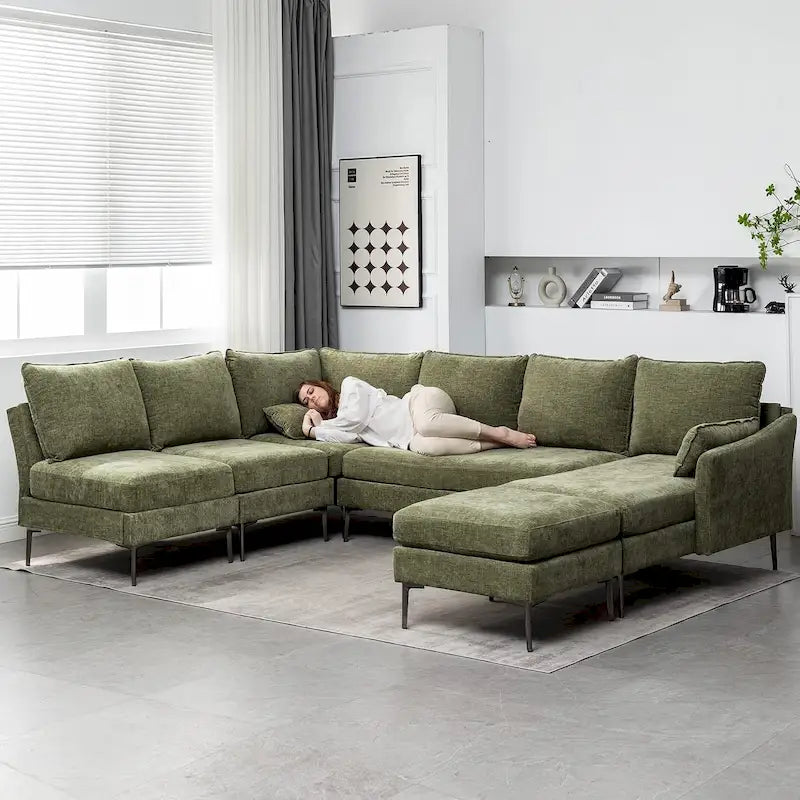 Divano componibile a U a 6 posti, reversibile, in ciniglia moderna, con chaise longue e pouf