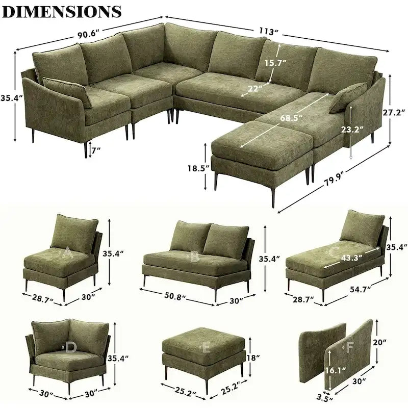 Divano componibile a U a 6 posti, reversibile, in ciniglia moderna, con chaise longue e pouf