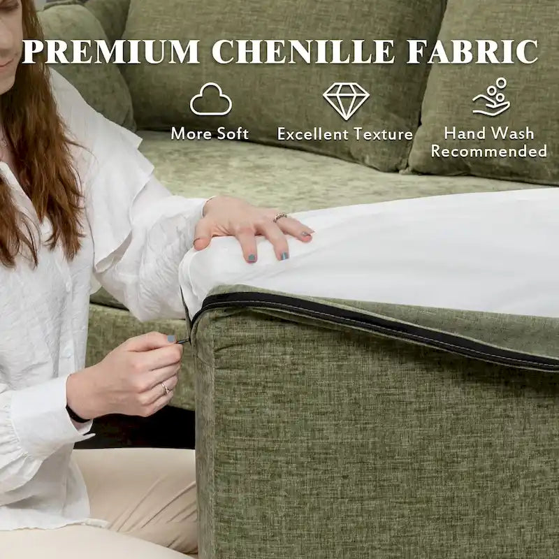 Divano componibile a U a 6 posti, reversibile, in ciniglia moderna, con chaise longue e pouf