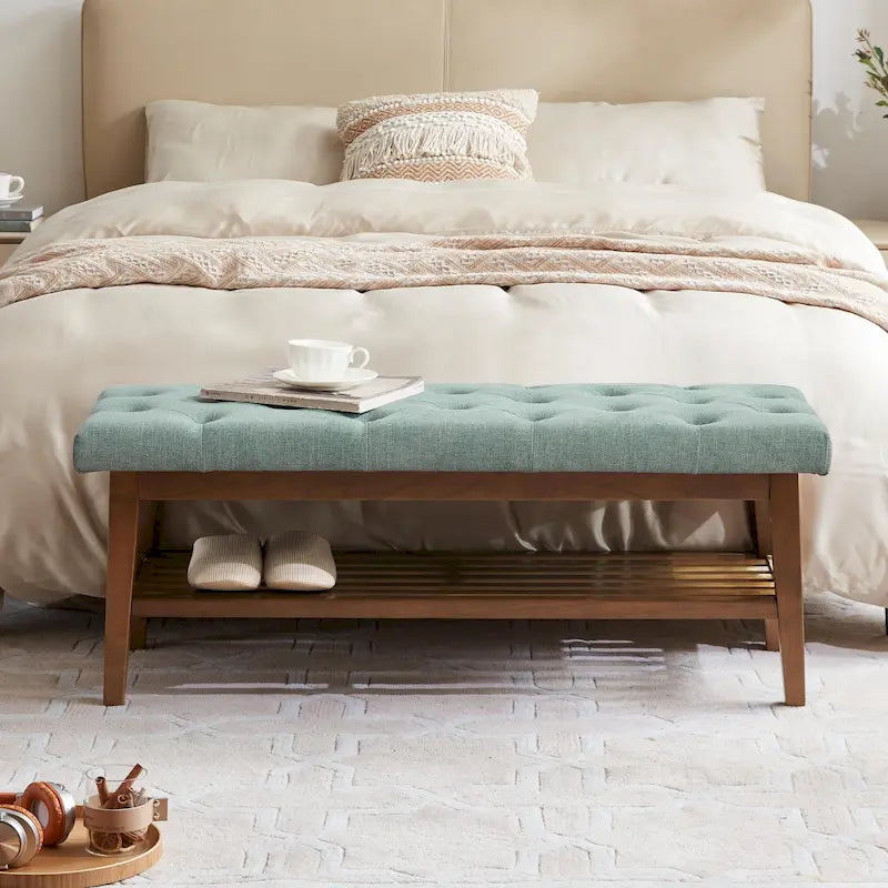 Panca contenitore imbottita in tessuto e legno massello da 109 cm per ingresso, soggiorno, camera da letto