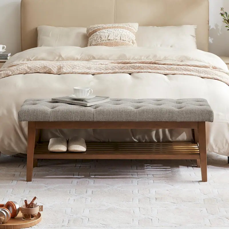 Panca contenitore imbottita in tessuto e legno massello da 109 cm per ingresso, soggiorno, camera da letto