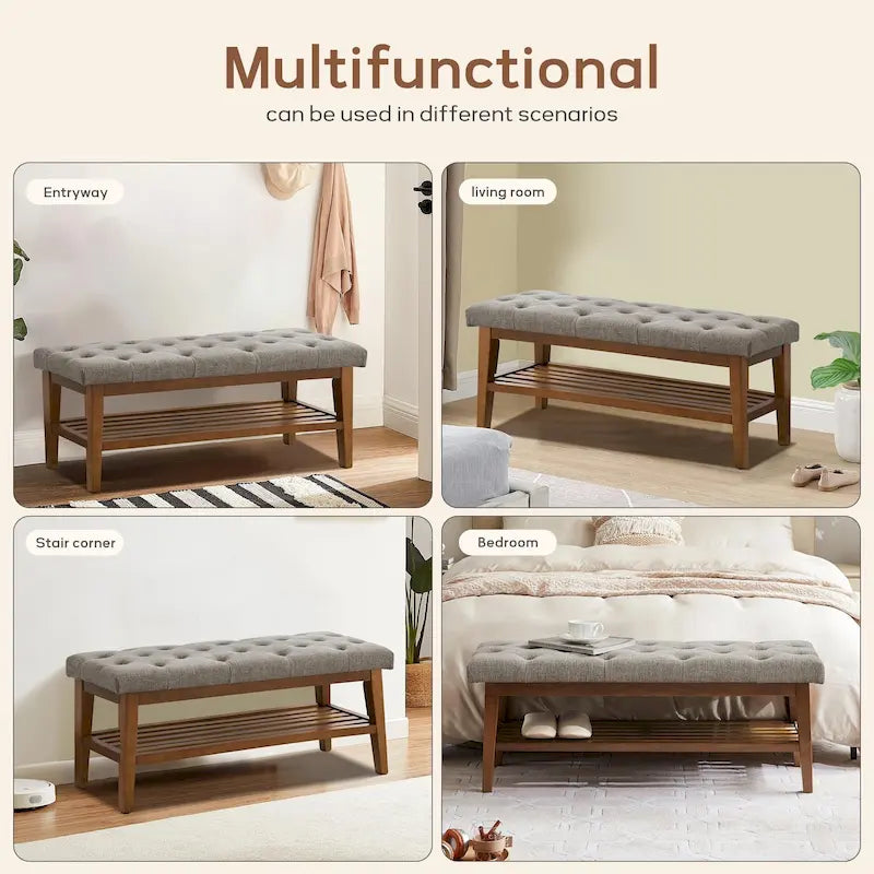 Panca contenitore imbottita in tessuto e legno massello da 109 cm per ingresso, soggiorno, camera da letto