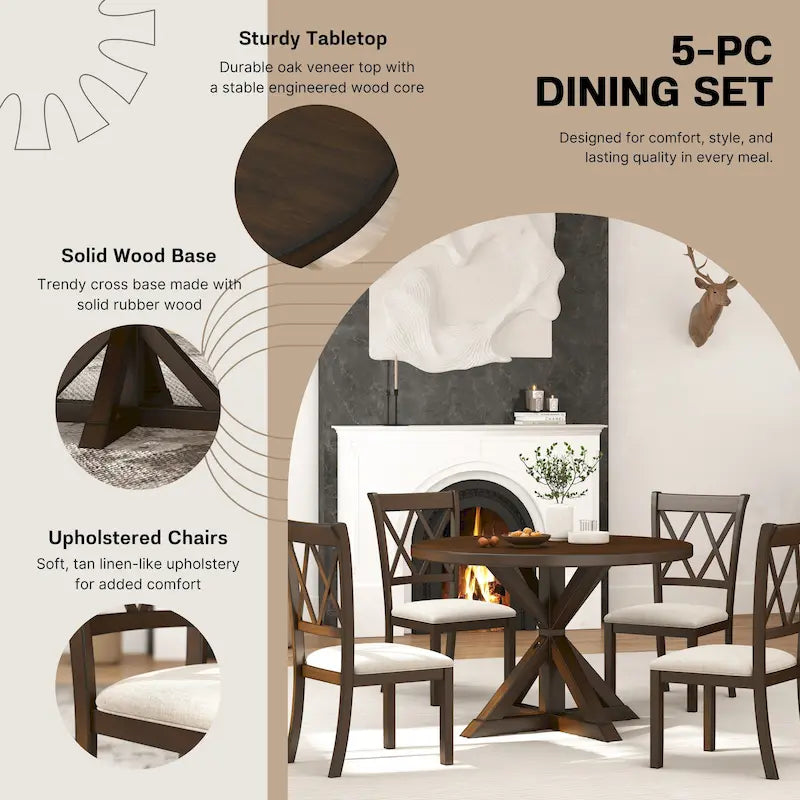 Set da Pranzo da 5 Pezzi in Legno con Schienale a Croce