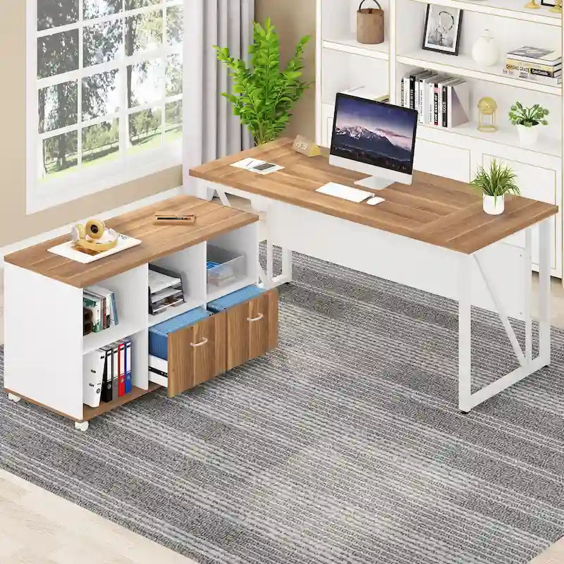 Scrivania a L per computer da 160 cm con schedario laterale da 120 cm, set scrivania direzionale per ufficio domestico