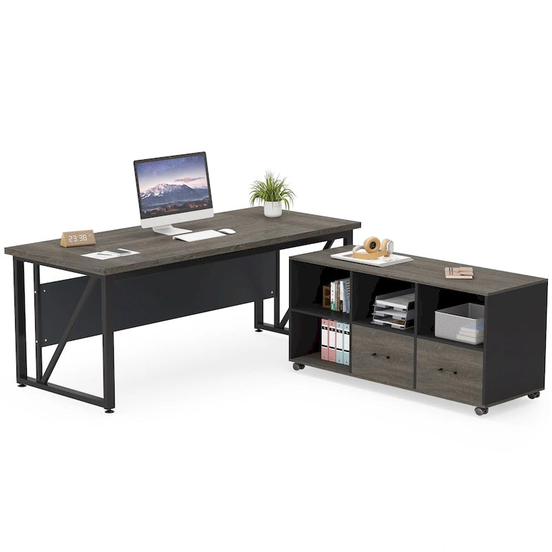 Scrivania a L per computer da 160 cm con schedario laterale da 120 cm, set scrivania direzionale per ufficio domestico