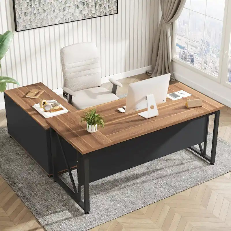 Scrivania a L per computer da 160 cm con schedario laterale da 120 cm, set scrivania direzionale per ufficio domestico