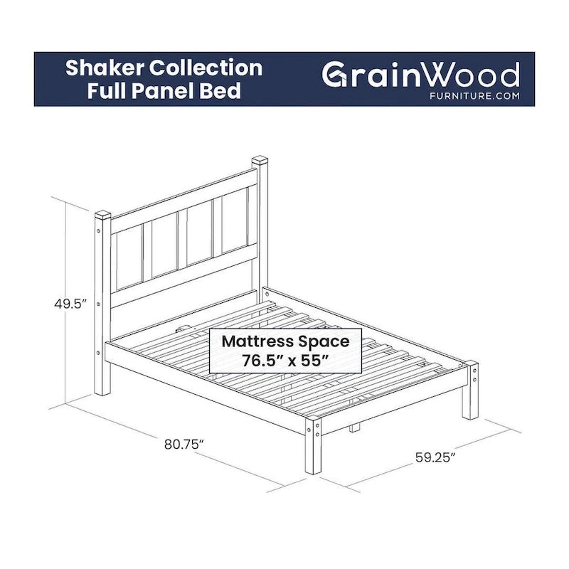Grain Wood Furniture Letto a piattaforma Shaker in legno massello con pannelli
