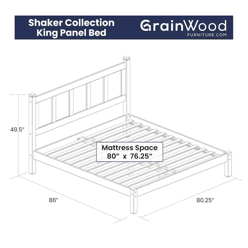 Grain Wood Furniture Letto a piattaforma Shaker in legno massello con pannelli
