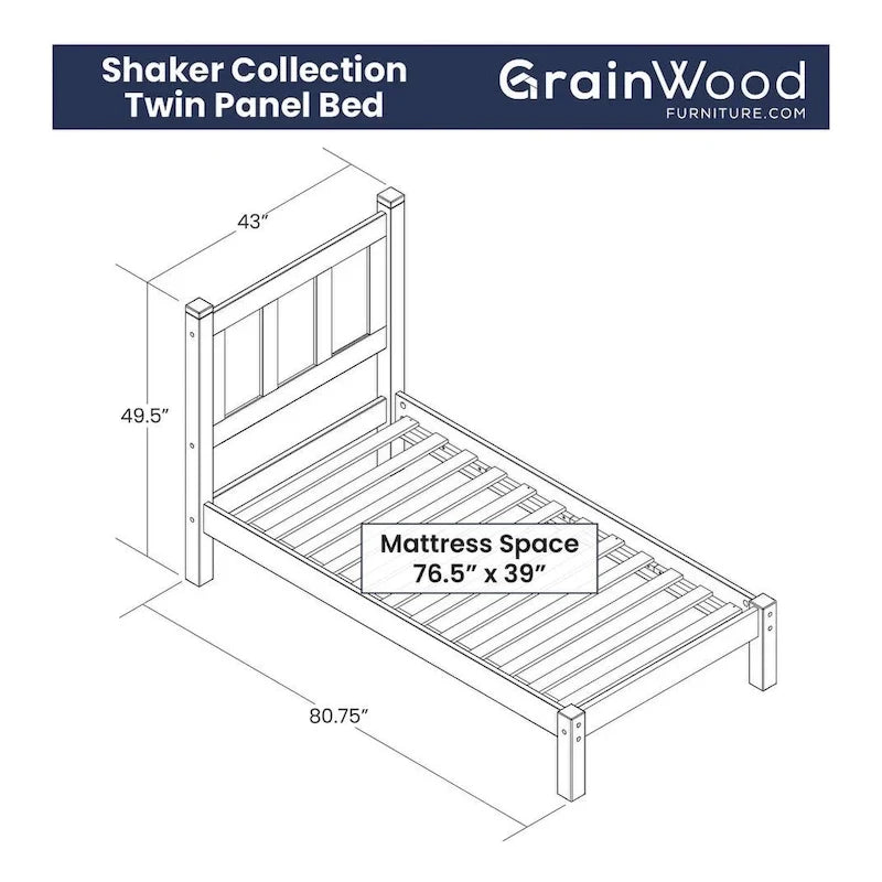Grain Wood Furniture Letto a piattaforma Shaker in legno massello con pannelli