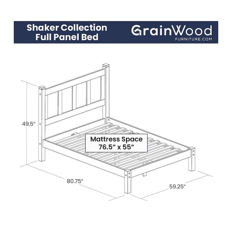 Grain Wood Furniture Letto a piattaforma Shaker in legno massello con pannelli
