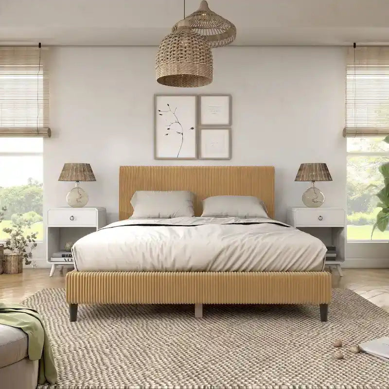 Letto a piattaforma moderno in velluto a coste Queen Size, non è richiesta la rete