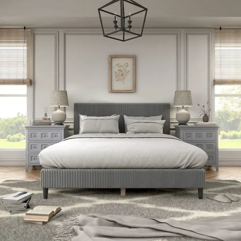 Letto a piattaforma moderno in velluto a coste Queen Size, non è richiesta la rete