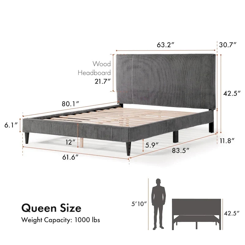 Letto a piattaforma moderno in velluto a coste Queen Size, non è richiesta la rete