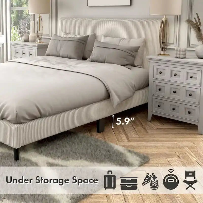 Letto a piattaforma moderno in velluto a coste Queen Size, non è richiesta la rete