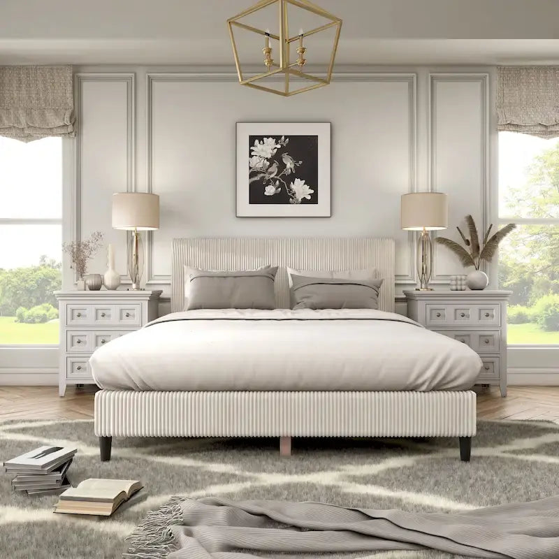 Letto a piattaforma moderno in velluto a coste Queen Size, non è richiesta la rete