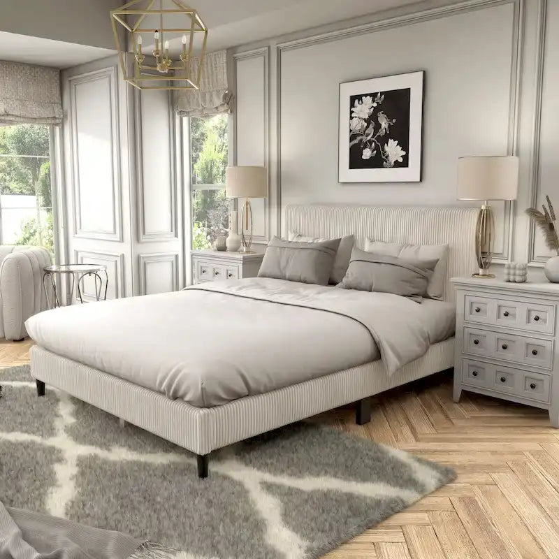 Letto a piattaforma moderno in velluto a coste Queen Size, non è richiesta la rete